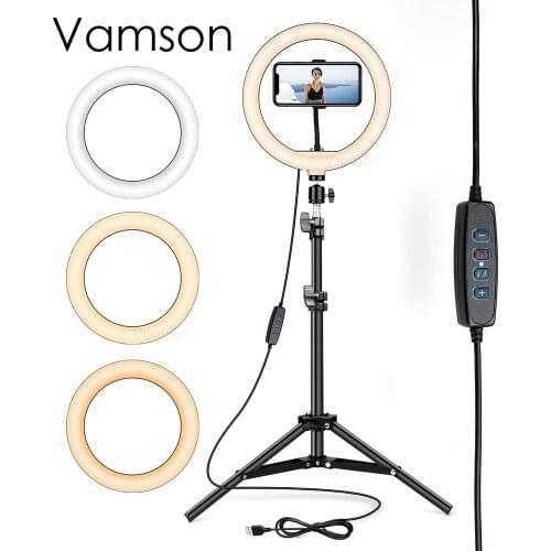 Vamson 10 Inch Ring Light with Stand LED Camera Selfie Light Ring for Tripod and camera Holder for Video Photography VLS06A