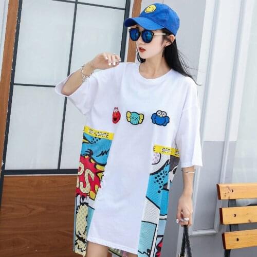 Summer Funny Cartoon Pattern T shirt Women Mesh Loose T-shirt Student Street Style Irregular Tshirt