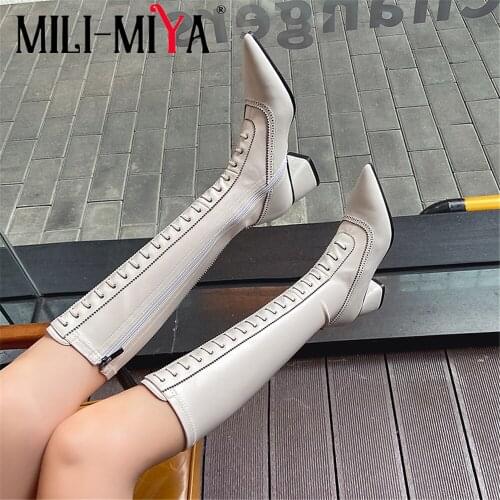 MILI-MIYA Sexy Pointed Toe Women Cow Leather Knee High Boots Zipper Square Heels Solid Color Fashion Street Shoes Size 34-40