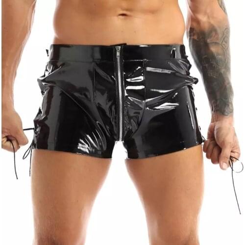 Mens Sexy Open Crotch Leather Short Pants For Sex Latex Bodycon Zipper Crotchless Patent Leather Fetish Boxer Lace up Beside