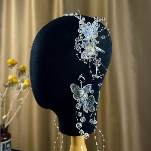 New Bride Crystal Beaded Handmade hairband Earrings Set Butterfly Hair Belt Wedding Dress Wedding Dress Styling Jewelry