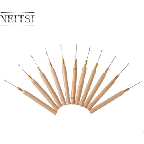 Neitsi Wooden Handle Hook Needles Micro Rings Needle Hairdressing Styling Hair Tools For Ring Hair Extensions 10pcs/lot