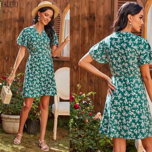 Faleto New Arrival Womens Dresses Summer Casual Short Sleeve Dresses Wrap V Neck Floral Printed Beach Party Vacation Mini Dress