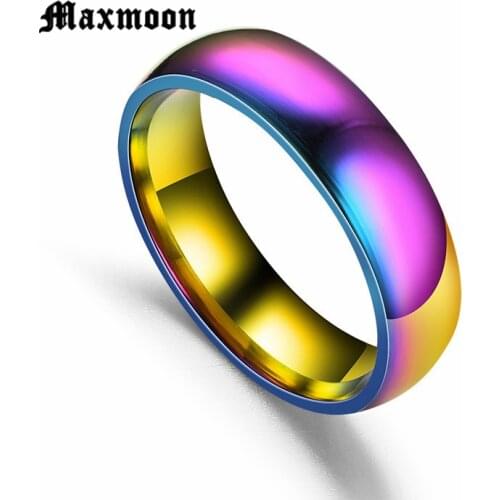 Maxmoon Men Women Rainbow Colorful Ring Titanium Steel Wedding Band Ring Width 6mm Size 5-13 Gift free shipping