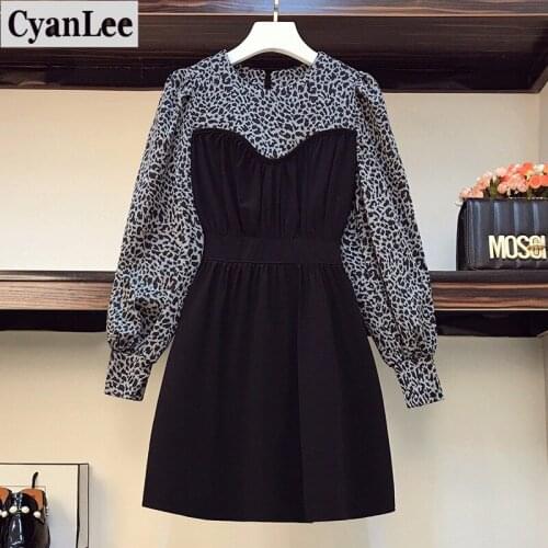 Cyanlee plus size women autumn leopard long sleeve patchwork A-line dresses women high waist sexy party dresses woemen vestidos