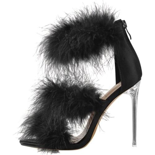 Richealnana Women Pointed Open Toe Clear Thin High Heels Metal Stilletos Black Feather Ankle Strap Sandals Fashion Party Prom