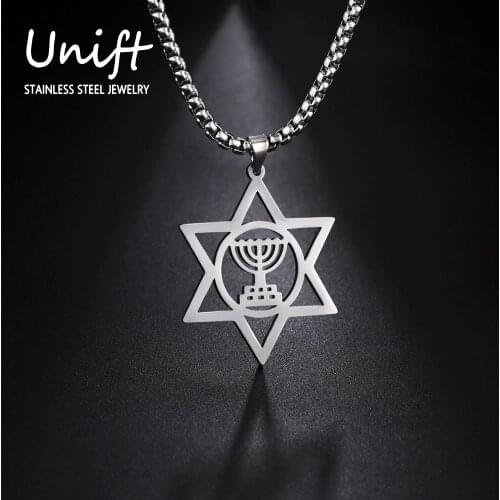 Unift Shamash Menorah with Star of David Necklace for Men & Women Vintage Religious Jewelry Jewish Hanukkah Sabbath Accessories