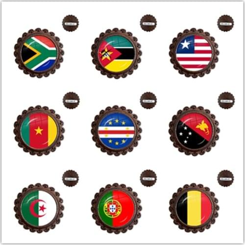 South Africa,Mozambique,Liberia,Cameroon,Verde,Papua New Guinea,Algeria,Belgium,Portugal National Flag Wood Glass Brooches Gift
