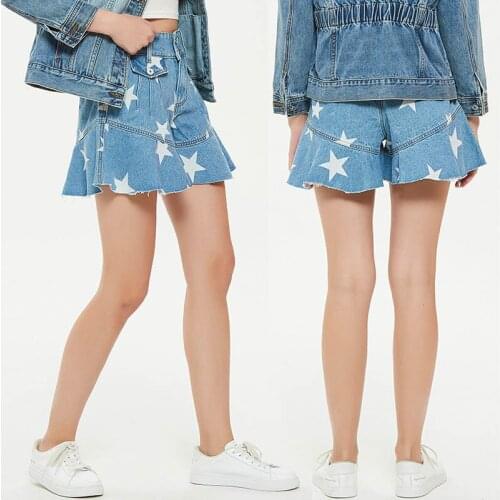 Womens Denim Shorts Star Printed Pattern Ruffles Tassel High Waist Plus Size Short Pants School Loose Streetwear Female Jeans