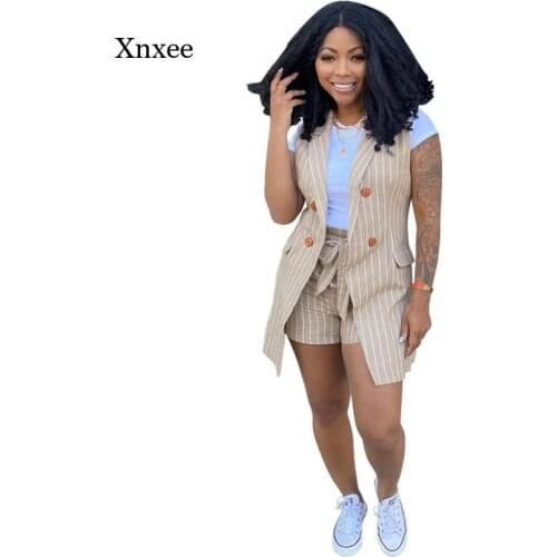Summer Womens Vest Set Striped Sleeveless Double-Breasted Top Loose Shorts Bandage Belt Two-Piece Fashion