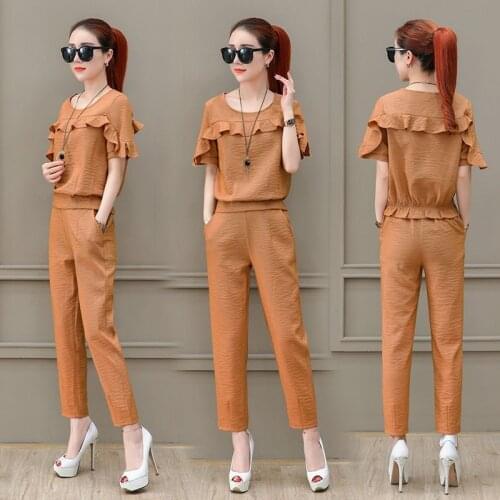 2021 Summer New Women Lotus Leaf Chiffon Solid Two Piece Set Female Short Sleeve Top + Loose Casual Wide Leg Pants Suits Y659