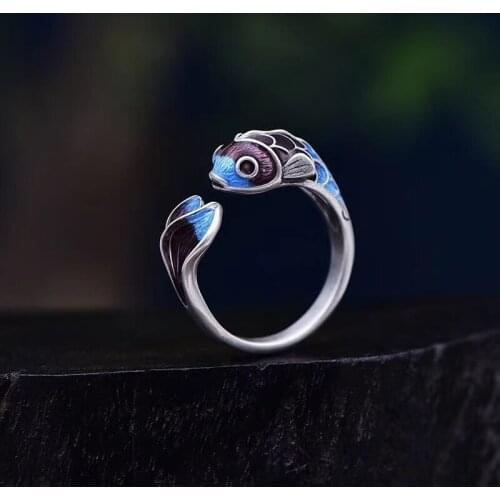 New Koi Female Ring Retro Silver Jewelry Ethnic Wind Enamel Handmade Jewelry Open Small Goldfish Ring