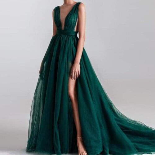 Sexy Emerald Green Side Split Prom Gowns 2020 A-ling Deep V-neck Long Tulle Formal Party Dresses Women Femme Robe Vestidos