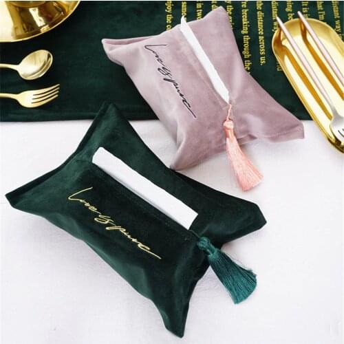 Premium Embroidery Velvet Tissue Storage Bag with Tassel Nordic Chic Paper Tower Bag Organizer Storage Container for Home Car