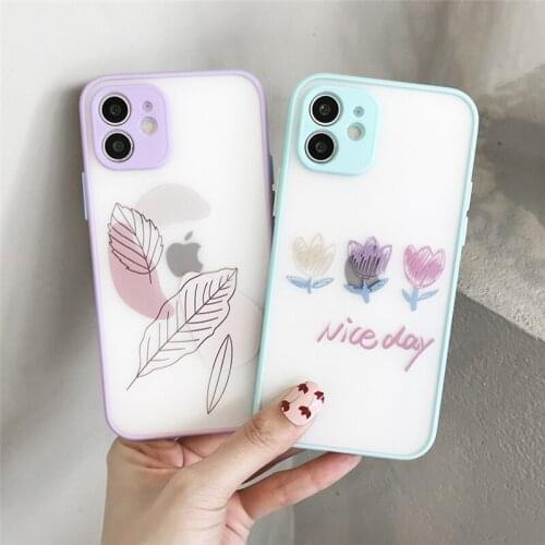 Transparent Cute Flowers Leaves Case For iPhone 11 12 Pro XS Max 7 8 Plus 12 Mini X XR SE 2020 Clear Matte Shockproof Back Cover