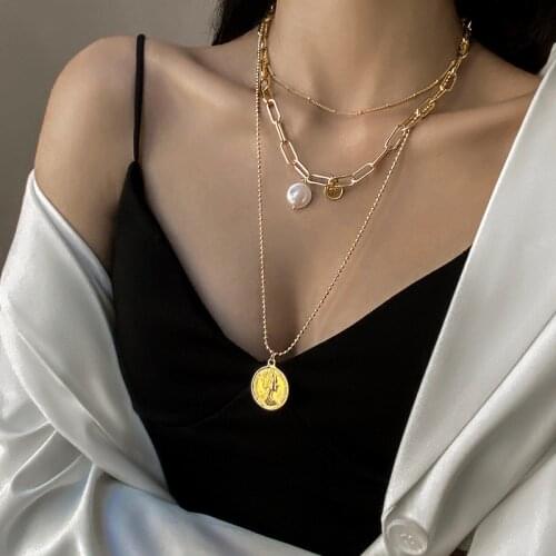 FNIO Fashion MultiLayer Portrait Pendants Necklaces For Women Gold Metal Crystal Pearl Necklace New Design Jewelry Gift