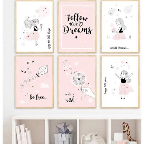 Kite Dandelion Cartoon Canvas Painting Pink Girl Wall Art Prints Nursery Poster Art Print Nordic Wall Pictures Baby Room Decor