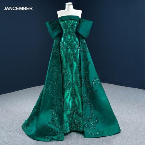 J67227 JANCEMBER Green Beading Sequined Prom Dress 2020 Appliques Lace Up Back A-Line Short Seeve Boat Neck