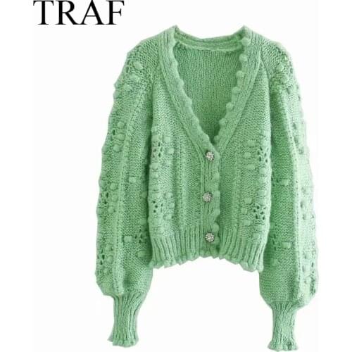 TRAF ZA Cardigan Autumn Fashion Slim Hollow Knitted Crochet Sweater Woman Clothes Long Sleeve Button-Up Casual Ladies Sweater
