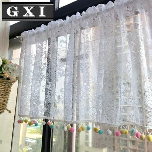 White Pearl Short Sheer Curtains for Kitchen Cafe Lace Tassel Net Sliding Glass Door Patio Window Drape Panels
