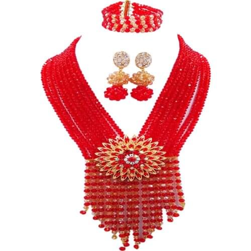 Red Champagne Gold AB African Beads Jewelry Set Crystal Necklace Nigerian Wedding Accessories Party Jewelry Sets 8SK11