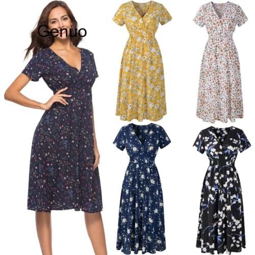 Summer Europe Style Bohemian Beach Party Women Dress Dot Printed Floral Short Sleeve Dresses V Neck Chiffon Vestidos