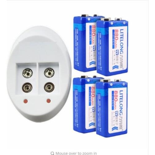 Powerful 4PCS 9V 880mAh Li-Ion lithium Rechargeable battery+Universal 9v charger set