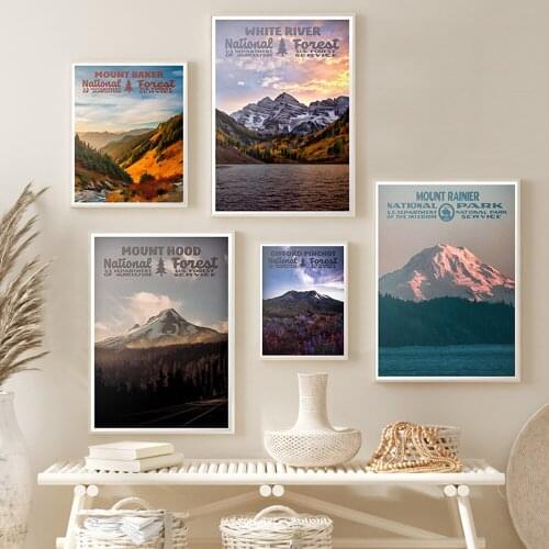 Mount Rainier National Park Poster Mount Hood Forest Print Canvas White River Paintings Vintage Wall Art Posters Wall Home Decor