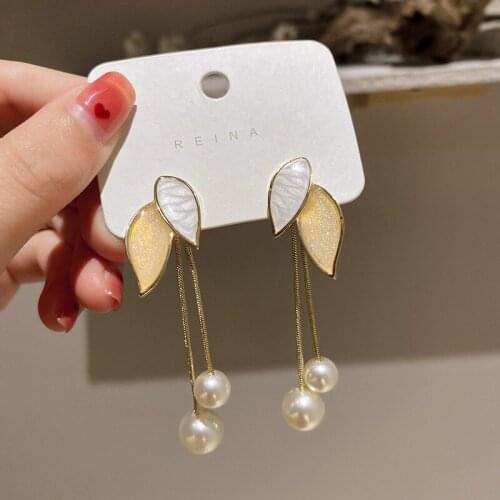 2021 New Korean Fashion Jewelry Sweet Pearl Contracted Long Drop Earrings Geometric Elegant Enamel Leaves Women Earrings