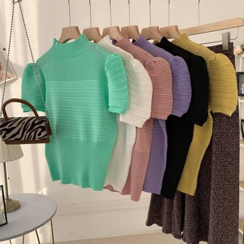 Korobov 2021 New Arrival Half Turtleneck Women Knitted Solid T Shirts Korean Office Lady Puff Sleeve T Shirt Hollow Out Tee Tops