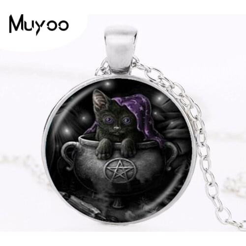 Wicca Cat Necklace Pentagram Pendant Pentacle Jewelry Kitten Animal Witch Jewellery Five-pointed Star Sweater Necklace HZ1
