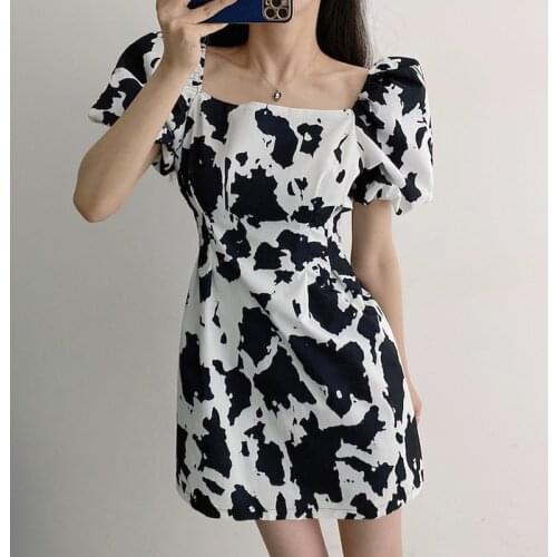 Women Dress Sexy Vintage Fashion Cow Print Lantern Shorts Sleeve Pullover Dress Mini Printed Summer Dress 2021 New 859C
