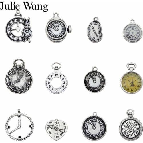 Julie Wang 10pcs Antique Sliver Alloy Random Mixing Clock Watch Charms For Necklace Pendant Finding Jewelry Making Accessory