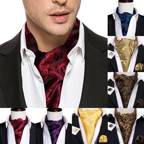 Silk Cravat Ascot Tie For Men Scarf Suit Wine Red Mens Neck Wear Jacquard Set Fashion Pocket Square Cufflinks Barry.Wang AS-001