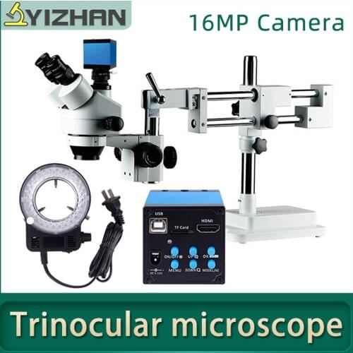 Simul-Focal Double Boom Stand Trinocular Stereo Zoom Microscope 7X-45X 16MP HDMI Camera 56pc Ring Light Microscopio Digital
