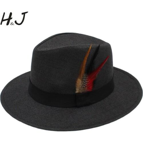 Women Men Straw Sun Hat With Wide Brim Panama Hat Lady Beach Sunbonnet Hat With Fashion Feather Size 56-58CM A0235-XSJ