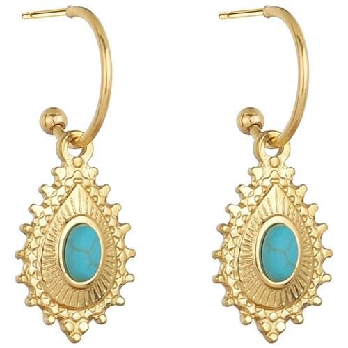 Vintage Blue Stone Dangle Earrings For Women Metal Water Drop Textured Geometric Stainless Steel Earrings 2021 Trend Party Gift