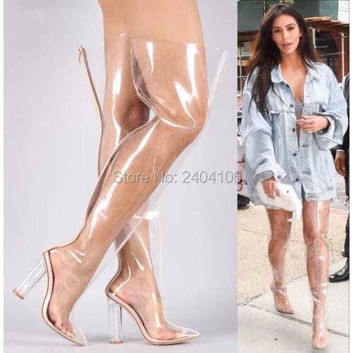 2018 Kim Kardashian PVC Rain Botas Black Nude Clear Thigh High Boots Perspex Crystal Chunky Heel Over Knee Transparent Booties