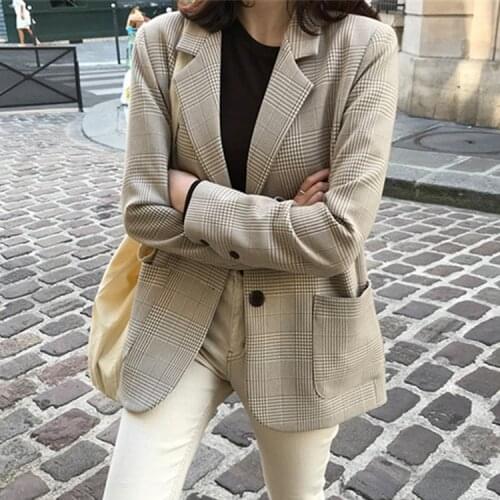 2021 New Autumn Winter Womens Blazers Elegant Plaid Casual Buttons Pockets Jackets Notched Vintage Wild Tops High Quality