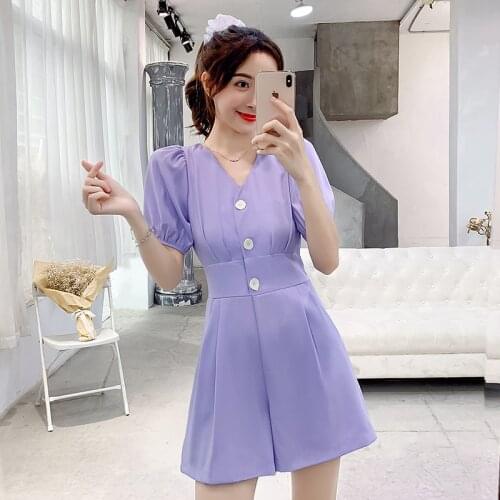 Body Summer OL Work Wear Women Solid Short Sleeve Pant Jumpsuit Retro High Waist Puff Sleeve Shorts Bodysuits