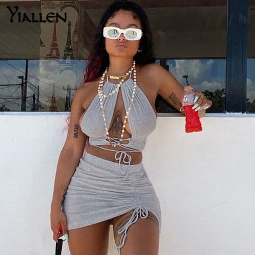 Yiallen Women Halter Bandage Two Piece Outfits Sleeveless Backless Crop Tops+Stacked Skirt Matching Set Solid Skinny Clubwear