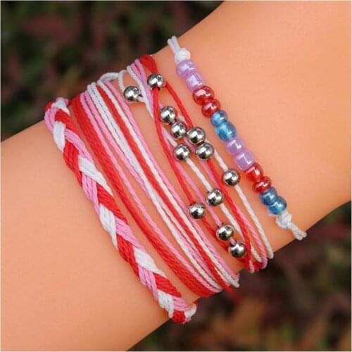 4pcs / set Boho Colored Beads Handmade Multi-layer Wax Line Bracelet Women Beach Surfing Summer Clothing Jewelry Accessories