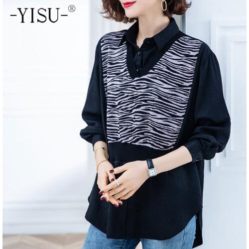 YISU 2021 Spring Women Sweater Lapel Stitching color Knitted pullove Long sleeve Spring top Stripes Female Fashion Loose Jumper