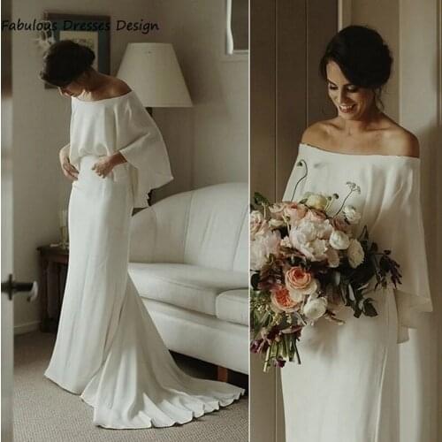 2021 Simple Boat Neck Wedding Dresses Mermaid Sweep Train White Long Bridal Gown Robe De Soirée De Mariage