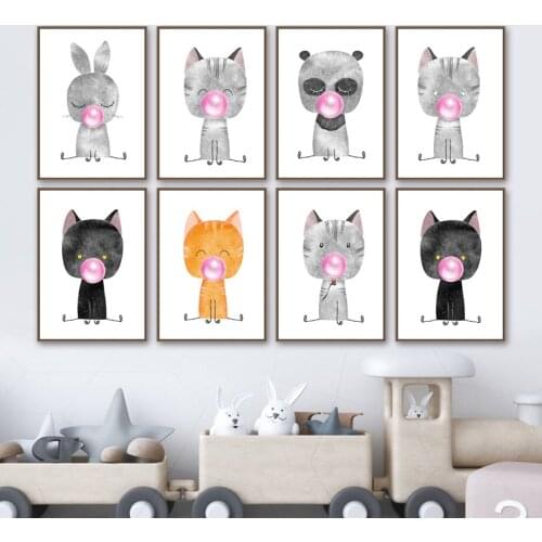Animals Blowing Bubbles Cat Rabbit Panda Nursery Wall Art Print Canvas Painting Nordic Poster Wall Pictures Baby Room Home Decor