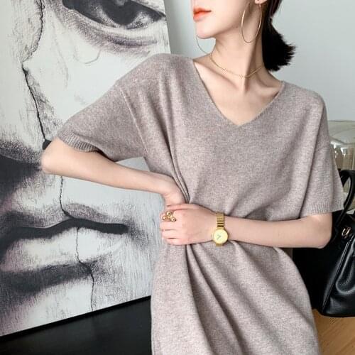 100% wool 2021 spring womens new loose V-Neck long Pullover 5 / s T-shirt dress
