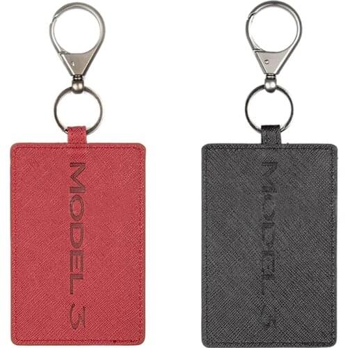 2 Pcs Key Card Holder For Tesla Model 3, Anti-Dust Light Leather With Keychain For Tesla Model 3 Accessories - Black & Red