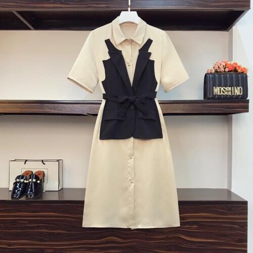 4XL Plus size office ladies elegant work dresses for women Summer short sleeve high waist fake two piece patchwork midi dress