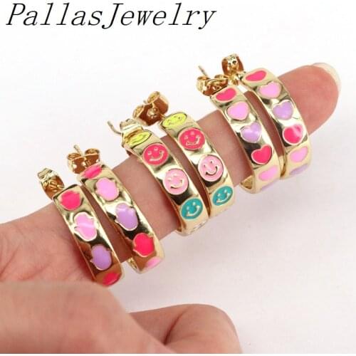 6Pairs 2021 new style metal enamel colored Ear wear smile star love flower Hoops Earring gifts for women