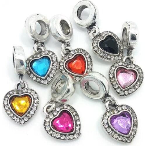 Free Shipping 30pcs 24x11mm mix color rhinestone alloy beads charms with heart pendant fit European bracelet DIY